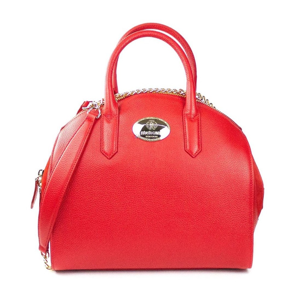 Roberto Cavalli Red Leather Duffel Handbag Gold Chain Strap Bowling Bag Italy